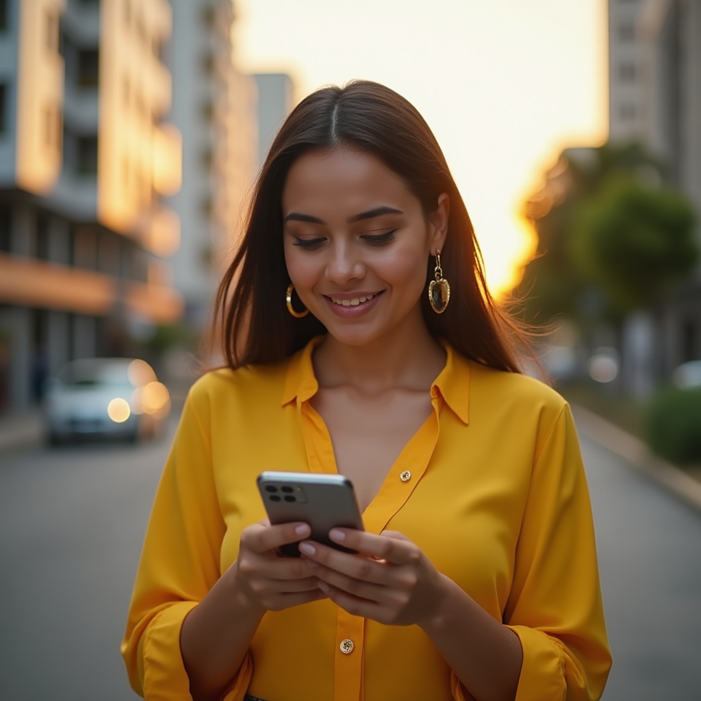 Person using mobile banking app in modern Colombian urban setting