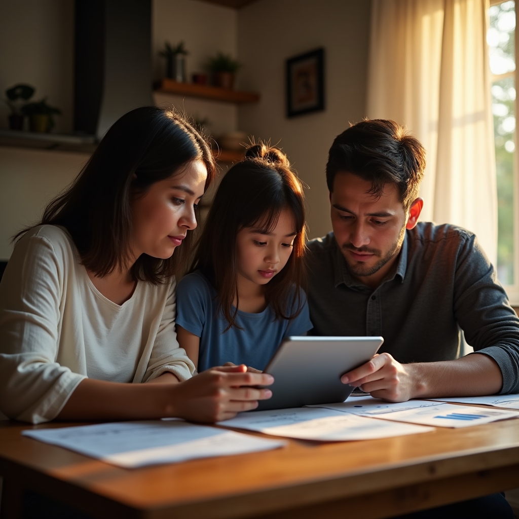 Colombian family reviewing finances together at home